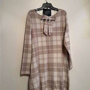 Tahari Long Sleeve Plaid Dress - Cream and Brown
